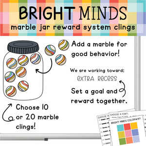 Bright Minds marble jar reward system clings with a class goal on a whiteboard