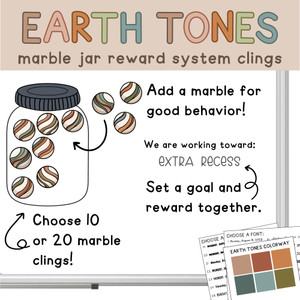 Earth Tones marble jar reward system clings with a class goal on a whiteboard