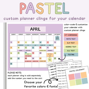 Pastel custom planner clings labeling tests, meetings, and breaks on a whiteboard calendar