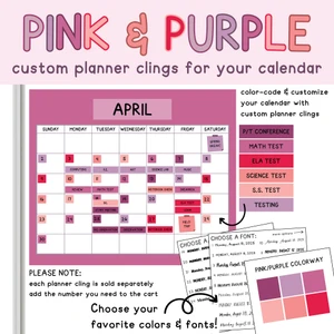 Pink and Purple custom planner clings labeling tests, meetings, and breaks on a whiteboard calendar