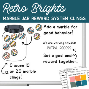 Retro Brights marble jar reward system clings with a class goal on a whiteboard