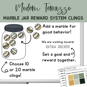 Modern Terrazzo marble jar reward system clings with a class goal on a whiteboard