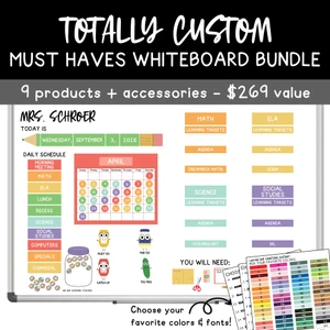Totally Custom Must Haves Whiteboard Bundle with calendar, teacher name, daily schedule, and subject clings
