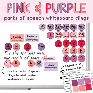 Pink and Purple Parts of Speech whiteboard clings