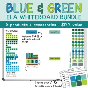 Blue and Green ELA Whiteboard Bundle on a whiteboard with word builder, parts of speech, book counter, and subject clings