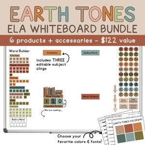 Earth Tones ELA Whiteboard Bundle on a whiteboard with word builder, parts of speech, book counter, and subject clings