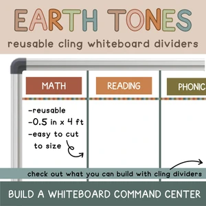 Earth Tones reusable whiteboard cling dividers sectioning a whiteboard with subject clings