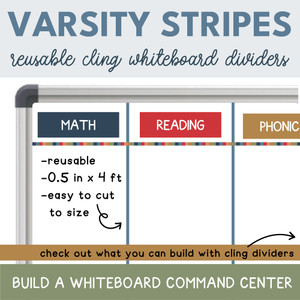 Varsity Stripes reusable whiteboard cling dividers sectioning a whiteboard with subject clings