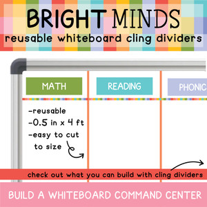 Bright Minds reusable whiteboard cling dividers sectioning a whiteboard with subject clings