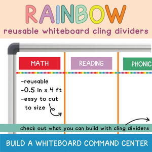 Rainbow reusable whiteboard cling dividers sectioning a whiteboard with subject clings