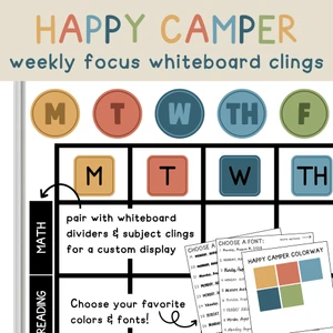 Happy Camper Weekly Focus Monday through Friday whiteboard clings