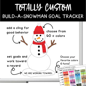 Build-a-Snowman Goal Tracker classroom reward system with reusable static clings assembled on whiteboard Build-a-Snowman Goal Tracker classroom reward system with reusable static clings assembled on whiteboard