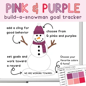 Pink and Purple Build-a-Snowman goal tracker clings with a class goal on a whiteboard