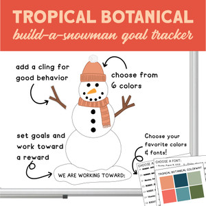 Tropical Botanical Build-a-Snowman goal tracker clings with a class goal on a whiteboard