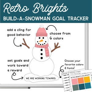 Build-a-Snowman Goal Tracker classroom reward system with reusable static clings assembled on whiteboard Build-a-Snowman Goal Tracker classroom reward system with reusable static clings assembled on whiteboard