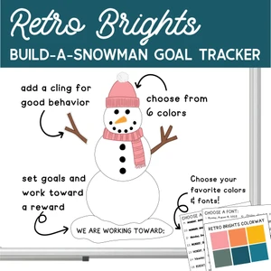 Retro Brights Build-a-Snowman goal tracker clings with a class goal on a whiteboard