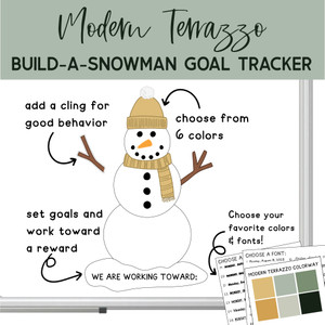 Build-a-Snowman Goal Tracker classroom reward system with reusable static clings assembled on whiteboard Build-a-Snowman Goal Tracker classroom reward system with reusable static clings assembled on whiteboard