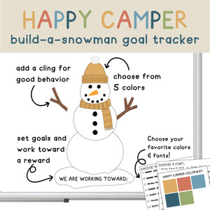 Build-a-Snowman Goal Tracker classroom reward system with reusable static clings assembled on whiteboard Build-a-Snowman Goal Tracker classroom reward system with reusable static clings assembled on whiteboard