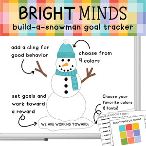 Build-a-Snowman Goal Tracker classroom reward system with reusable static clings assembled on whiteboard