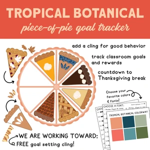 Tropical Botanical Piece-of-Pie goal tracker clings with a class goal on a whiteboard