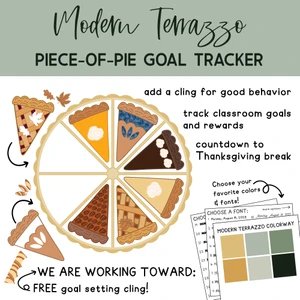 Modern Terrazzo Piece-of-Pie goal tracker clings with a class goal on a whiteboard