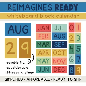 Reimagines Ready block calendar whiteboard clings with 12 month clings and 12 number clings