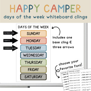 Happy Camper days of the week whiteboard clings and arrows
