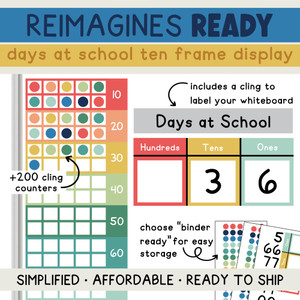Reimagines Ready Days at School ten frame display on a whiteboard
