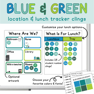 Blue and Green location and lunch tracker whiteboard clings