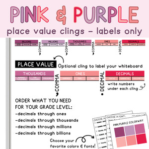 Pink and Purple place value label clings on a whiteboard