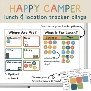 Happy Camper location and lunch tracker whiteboard clings