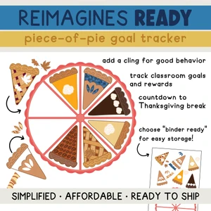 Reimagines Ready Piece-of-Pie goal tracker clings with a class goal on a whiteboard