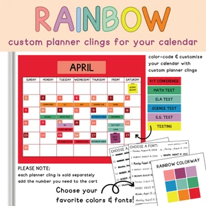 Rainbow custom planner clings labeling tests, meetings, and breaks on a whiteboard calendar