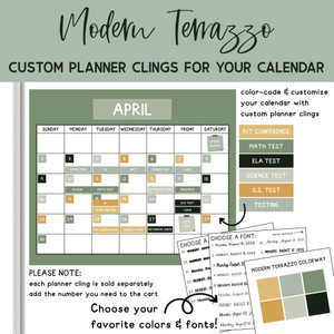 Modern Terrazzo custom planner clings labeling tests, meetings, and breaks on a whiteboard calendar