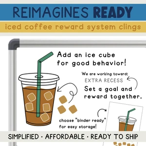 Reimagines Ready iced coffee reward system clings with ice cubes and a class goal on a whiteboard