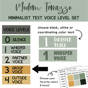 Whiteboard display showing a sleek minimalist voice level chart with a black arrow pointing to the current classroom noise expectation.