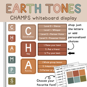 Earth Tones CHAMPS whiteboard display with letter clings, expectation options, and arrows