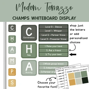 Modern Terrazzo CHAMPS whiteboard display with letter clings, expectation options, and arrows