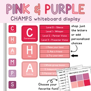 Pink and Purple CHAMPS whiteboard display with letter clings, expectation options, and arrows