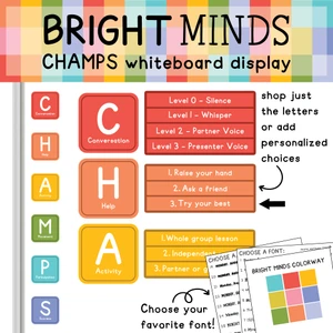 Bright Minds CHAMPS whiteboard display with letter clings, expectation options, and arrows