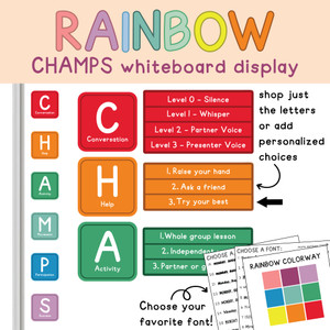 Rainbow CHAMPS whiteboard display with letter clings, expectation options, and arrows