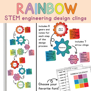 Rainbow STEM engineering design process whiteboard clings