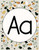 Round terrazzo print Aa alphabet poster in neutral sage, mustard, and black
