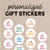 Round white gift stickers with multicolored names