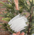Back of a UV printed engaged ornament, held up to a tree