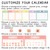 Pastel calendar options: background color, text color, number shape, size, and style