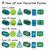 Blue and Green 2D and 3D shapes whiteboard clings font and text color examples