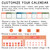 Tropical Botanical calendar options: background color, text color, number shape, size, and style