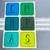 Six square Blue and Green CHAMPS letter clings on their backing sheet