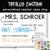 Personalized teacher name whiteboard clings shown in three fonts and colors